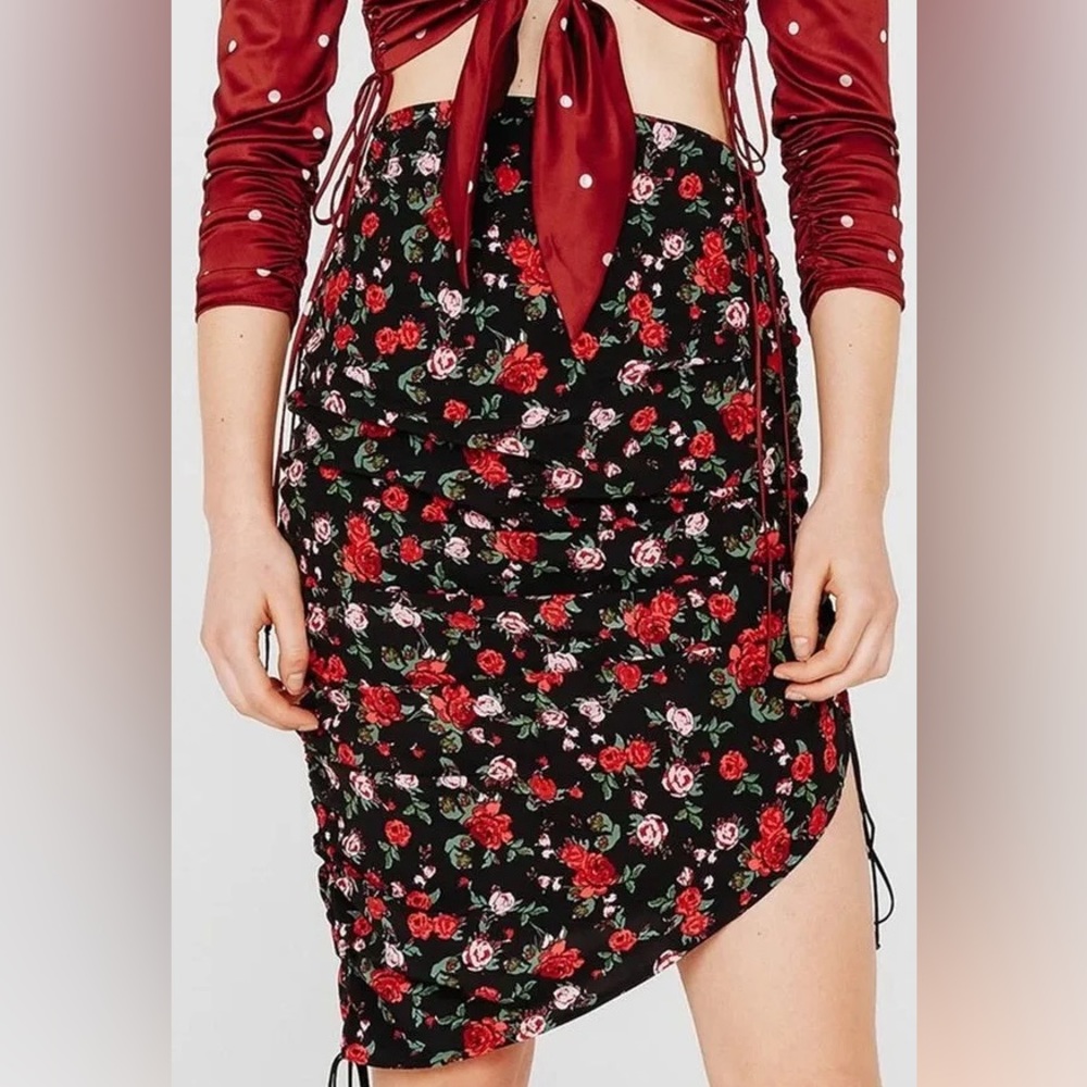 For Love & Lemons Molly Drawstring Skirt in Floral Vibrant Rose (NWT)